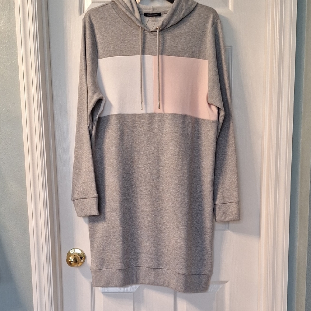 Grey Hoodie Dress with White & Pale Pink Colorblock. Size M. NWT